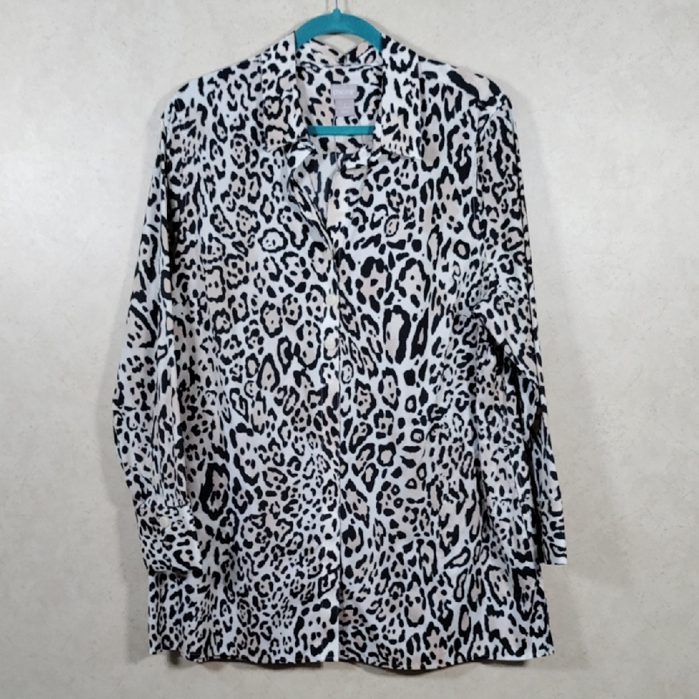 *D198 Chico's tan & black animal print button front tunic blouse 3 XL CLEARANCE